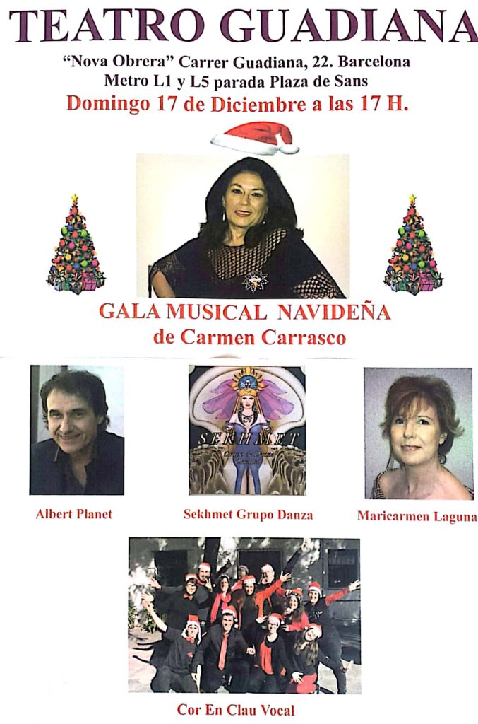 Cartell en castellà: Teatro Guadiana, Gala Musical Navideña de Carmen Carrasco, diumenge 17 de desembre a les 17 h, amb fotos dels artistes participants, entre ells En Clau Vocal.