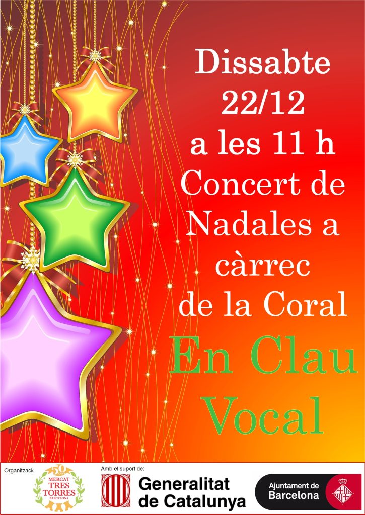 Cartell: dissabte 22/12 a les 11 h, concert de nadales a càrrec de la coral En Clau Vocal, amb estrelles de colors sobre fons vermell.