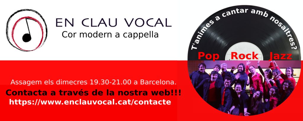 En Clau Vocal, cor modern a cappella. T'animes a cantar amb nosaltres? Pop, rock, jazz. Assagem els dimecres de 19.30 a 21.00 a Barcelona. Contacta a través de la nostra web: enclauvocal.cat/contacte.